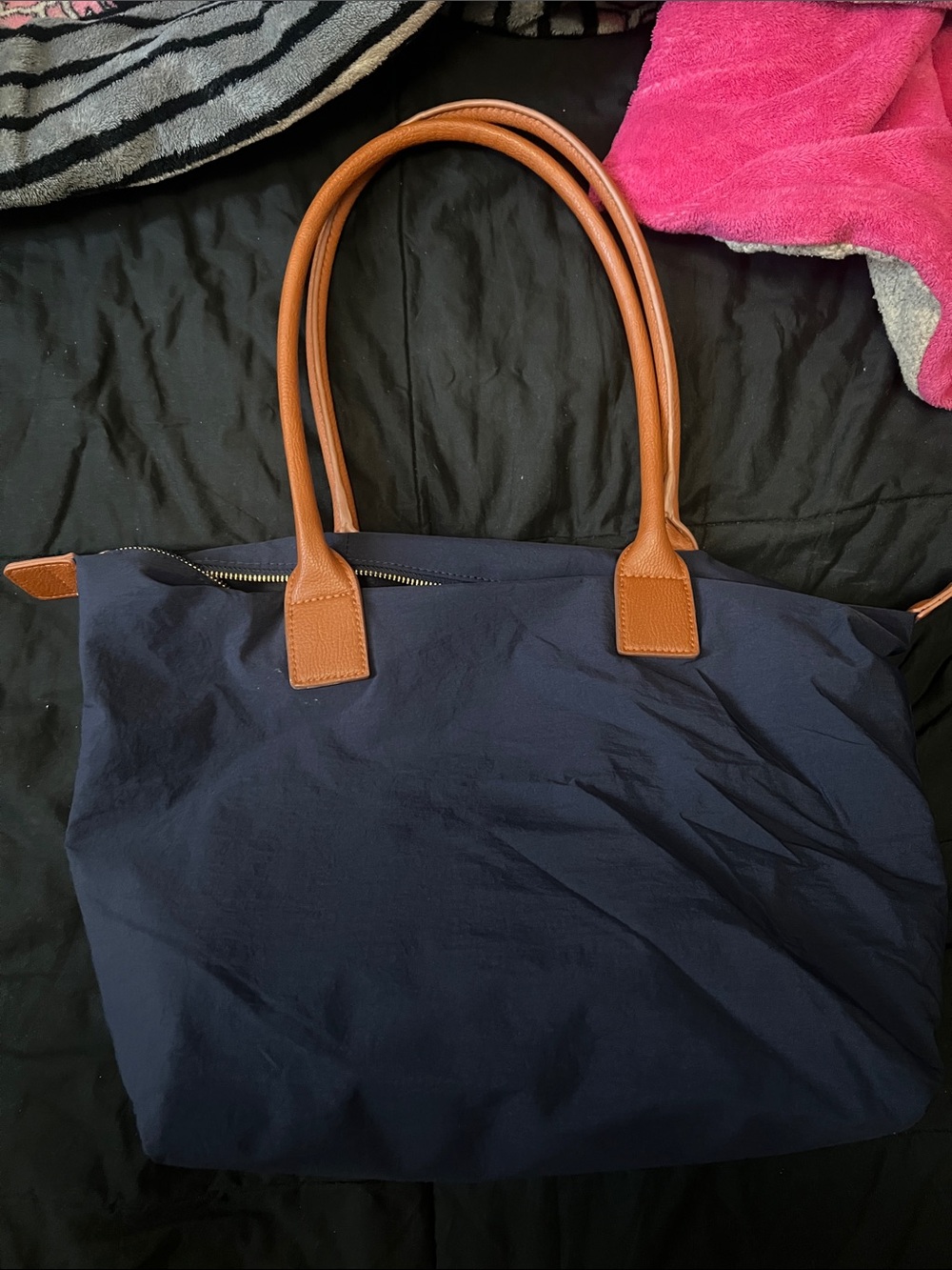 Navy Tote Bag with Tan Handles - Everyday Nylon Carryall